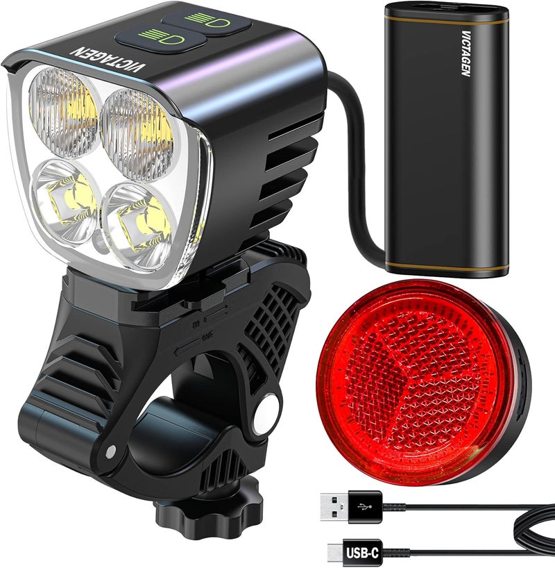 victagen Bike Light 12000lm Bike Lights for Night Riding, 4 LED Bike Lights Waterproof Type C Rechargeable Front Bike Headlight and Taillight, High & Low Beam Design, Power Bank Function - Image 1